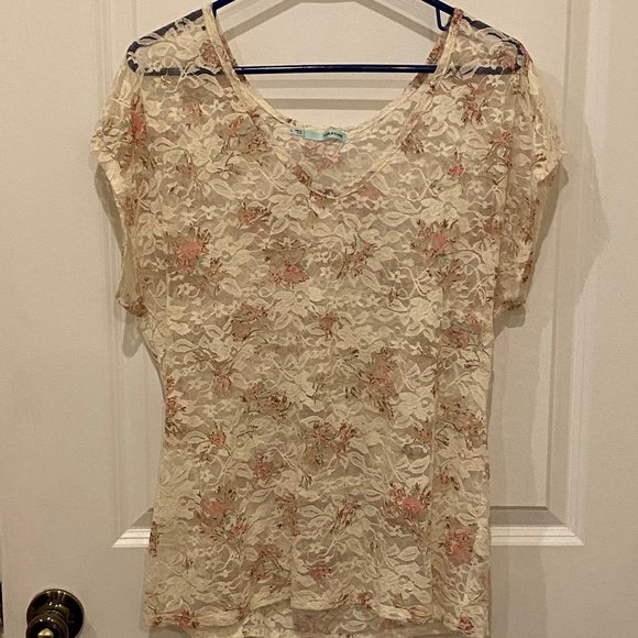 Maurice’s Ivory & Pink Floral Sheer Lace Top - Picture 1 of 6